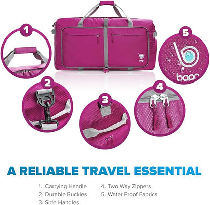Bago Big XXL Foldable Duffel Bags for Traveling Women & Men - 140L Packable Duffle Bag for Travel with Shoe Compartment - Water Repellant, Heavy Duty, Lightweight Folding & Collapsible (Pink)