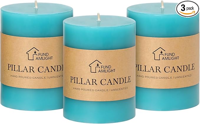3x4 Inch Blue Pillar Candles Set of 3 - Decorative Unscented Pillar Candles, Long Burning Dripless Candles for Home Table Decor, Smokeless Large Pillar Candle, Wedding, Dinner, Rustic, Christmas Decor