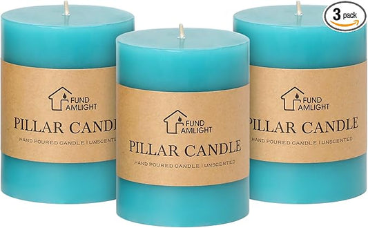 3x4 Inch Blue Pillar Candles Set of 3 - Decorative Unscented Pillar Candles, Long Burning Dripless Candles for Home Table Decor, Smokeless Large Pillar Candle, Wedding, Dinner, Rustic, Christmas Decor
