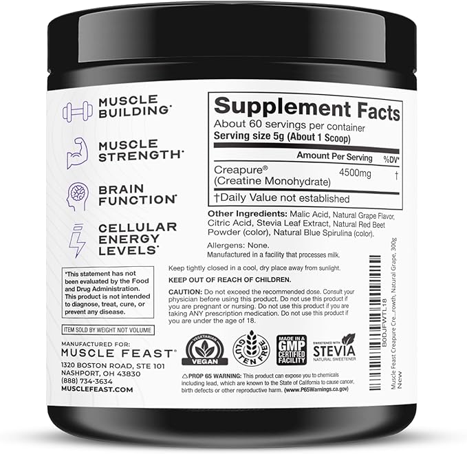 Muscle Feast Creapure Creatine Monohydrate Powder, Vegan Keto Friendly Gluten-Free Easy to Mix, Muscle Recovery Supplement, Trusted Creatine for Muscle Growth, Flavored Creatine, Natural Grape, 300g