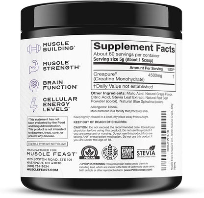 Muscle Feast Creapure Creatine Monohydrate Powder, Vegan Keto Friendly Gluten-Free Easy to Mix, Muscle Recovery Supplement, Trusted Creatine for Muscle Growth, Flavored Creatine, Natural Grape, 300g