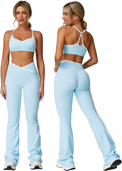 ABOCIW Workout Sets for Women 2 Piece Color Block Strappy Sports Bra High Waist Leggings Gym Yoga Pilates Outfits