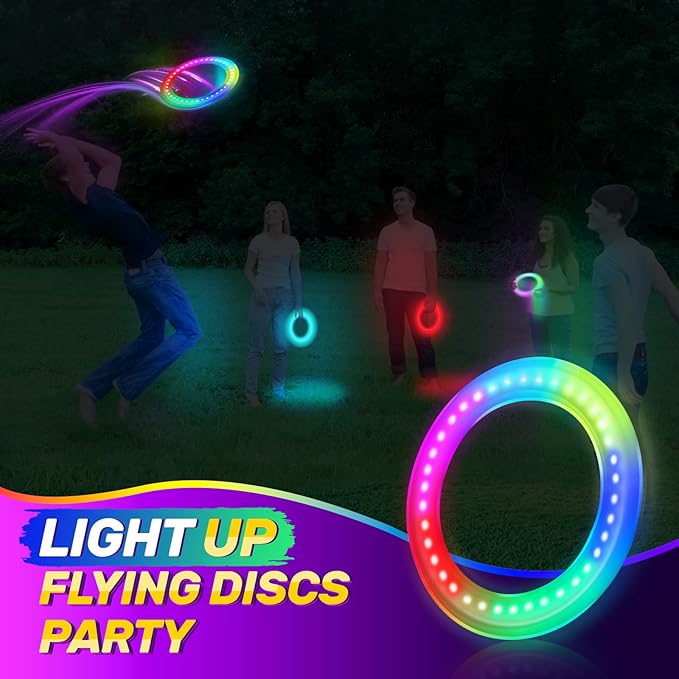 Amarlozn Light up Flying Ring Disc Toy for Kids Adults, 10" Rechargeable 12 Dynamic Modes Glow in The Dark Flying Ring, Led Flashing Beach Sport Disc, Outdoor Park Yard Night Camping, Toss Catch Game