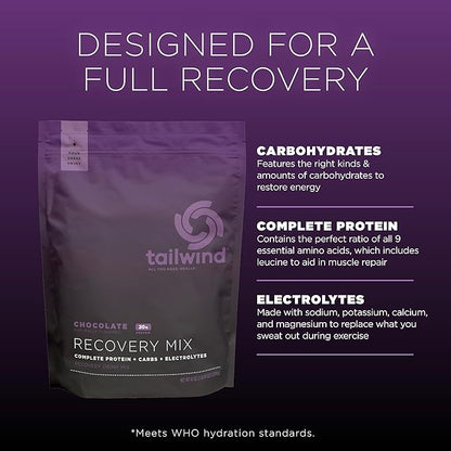 Tailwind Nutrition Recovery Mix, 20 Grams Complete Protein, Carbohydrates, and Electrolytes Powder Drink Mix for Post-Workout, Free of Gluten, Soy, and Dairy, Vegan, 20 Servings, Chocolate