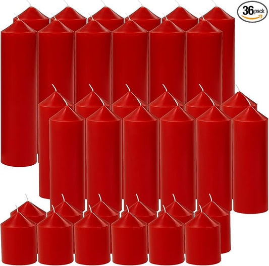36 Pcs Red Pillar Candles Bulk Set，Hurricane Candlesï¼? Different Lengths (12 Each)，Dripless Unscented Smokeless，Gives You a Better Atmosphere When Organizing Wedding or Event Party.
