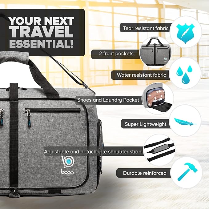 Bago Large Foldable Duffel Bags for Traveling Women & Men - 80L Packable Duffle Bag for Travel with Shoe Compartment - Water Repellant, Heavy Duty, Lightweight Folding & Collapsible (SnowGray)