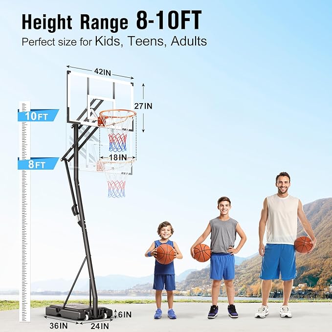 10FT Basketball Hoop Adjustable Easily, Portable Hoops & Goals Outdoor Basketball Goal System with PC Backboard and Wheels for Teens Youth Adults