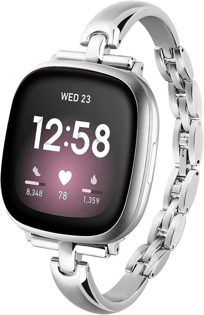 Silm Metal Band Compatible with Fitbit Versa 4/Fitbit Sense 2 Band Cute Women, Bling Jewelry Strap Replacement Compatible for Fitbit Sense/Versa 3 Women (Silver)