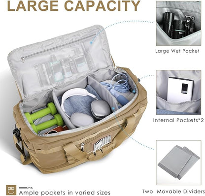 ETRONIK Travel Bag for Men Women, Gym Bag & Tactical Duffle Bags for Travel, Carry on with Toiletry Bag and Shoe Compartment, Weekender Overnight Trip with Wet Pocket for Workout Medical, Brown