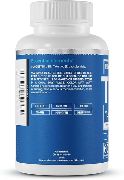 Essential Elements Male Health Supplement - Muscle Support & T-Health with DIM, Ashwagandha, Shilajit, More | T-Hero 60 Vegan Capsules (2-Pack)