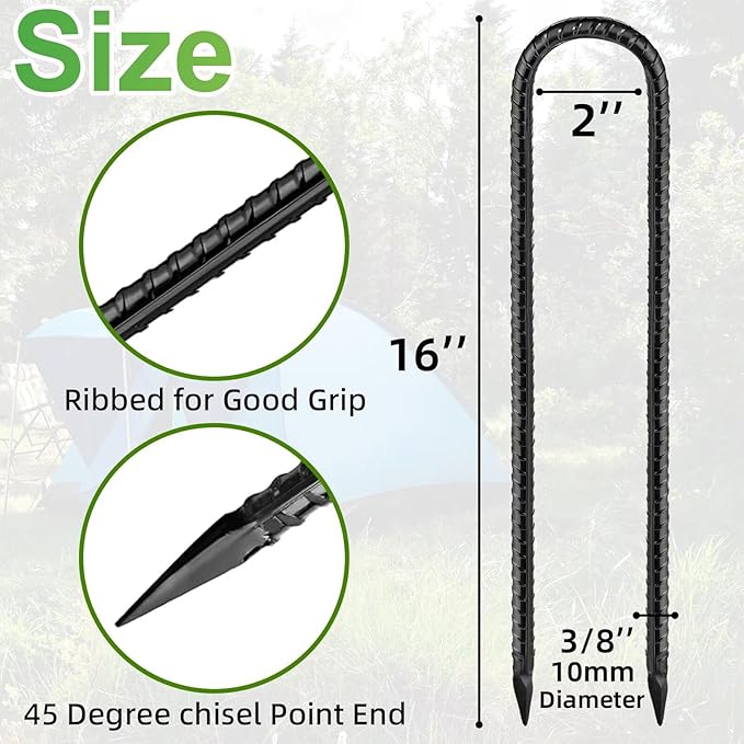 Black Trampoline Stakes Anchors High Wind 16inx10mm Galvanized U Hook 8pcs Rebar Stakes – Heavy Duty Ground Anchors for Trampoline,Yard & Inflatable,Landscape Metal Stakes for Outdoor Decorations