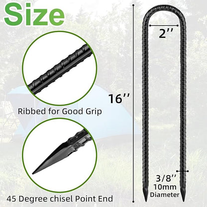 Black Trampoline Stakes Anchors High Wind 16inx10mm Galvanized U Hook 8pcs Rebar Stakes – Heavy Duty Ground Anchors for Trampoline,Yard & Inflatable,Landscape Metal Stakes for Outdoor Decorations