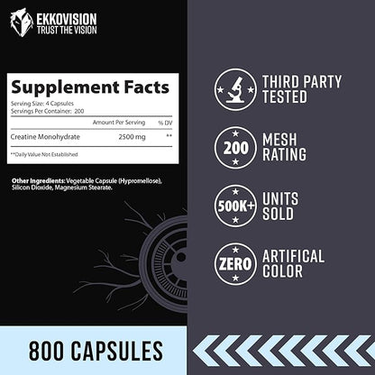 Ekkovision Creatine Monohydrate Capsules, Micronized, Unflavored Creatine Supplement for Men & Women, Pre Workout & Post Workout Support, Easy-to-Swallow, 800 Capsules, 200 Servings