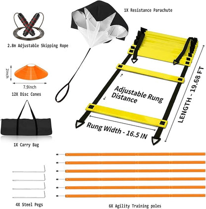 Speed & Agility Training Equipment-20ft Agility Ladder, 6 Poles, 12 Soccer Cones, Resistance Parachute, Jump Rope, Soccer Football Basketball Sport Training Set for Kids Youth Adults