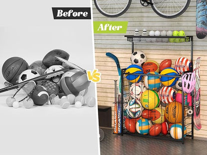 Large Sports Equipment Organizer, Garage Storage Ball Rack with Elastic Straps and 3 Hooks, Outdoor Toy Organizer Stand, Garage Organization Storage Rack for Basketball, Football, Soccer, Volleyball