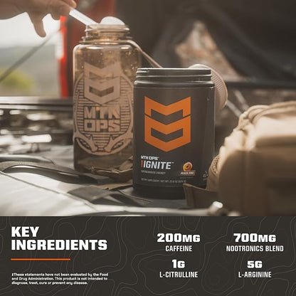MTN OPS Ignite Energy Drink Powder, Gluten Free Nootropic Supplement Drink Mix, L Arginine, L Citrulline, Caffeine & Nootropic Sugar Free Drink Mix, 45 Servings, Bugle Berry