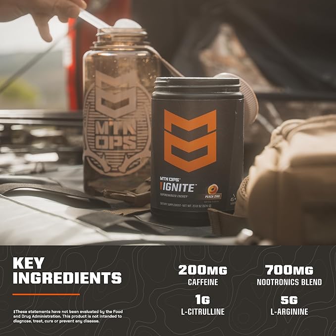 MTN OPS Ignite Trail Packs Energy Drink Powder, Gluten Free Nootropic Supplement Drink Mix, L Arginine, L Citrulline, Caffeine & Nootropic Sugar Free Drink Mix, 20 Servings, Hush Summit Surge