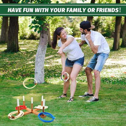 Wooden Ring Toss Game Set, Backyard Beach Camping Game with Toss Rings & Portable Carrying Bag, Outdoor Lawn & Yard Games for Kids, Adults & Family