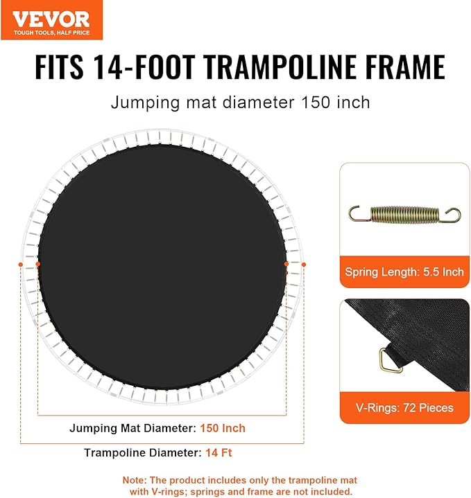 VEVOR Replacement Trampoline Mat, Universal Jumping Round Trampoline, Reinforce UV-Resistant Mat with Spring Tool & Durable V-Rings