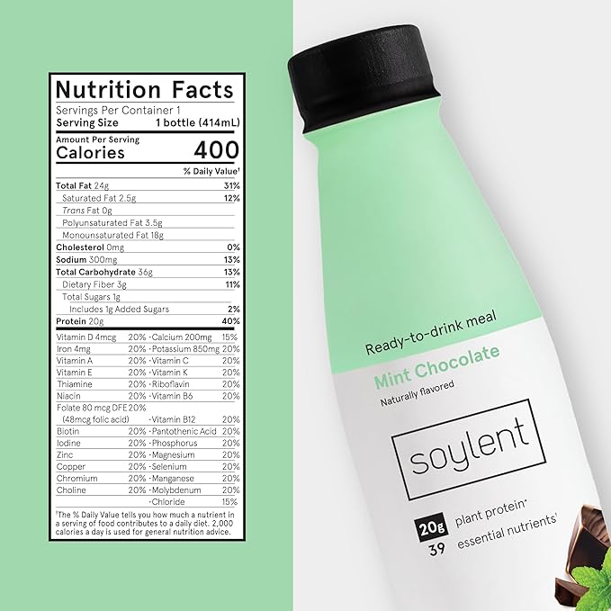 Soylent Mint Chocolate Meal Replacement Shake, Ready-to-Drink Plant Based Protein Drink, Contains 20g Complete Vegan Protein and 1g Sugar, 14oz, 12 Pack