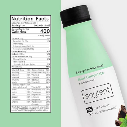 Soylent Mint Chocolate Meal Replacement Shake, Ready-to-Drink Plant Based Protein Drink, Contains 20g Complete Vegan Protein and 1g Sugar, 14oz, 12 Pack