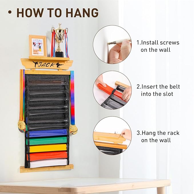Tilhumt 12/10 Belts Karate Belt Display Rack with Stickers, Taekwondo Belt Display with Trophy/Photo Rack, Felt Dustproof Design, Easy to Put in Belt, Martial Arts Belt Display for Adults