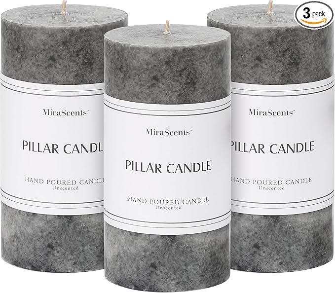 3x6 inch Grey Pillar Candles Set of 3, Unscented Pillar Candle, Dripless and Smokeless Large Candles, Candle for Home Decor, Dinner Table,Weddings, Holidays