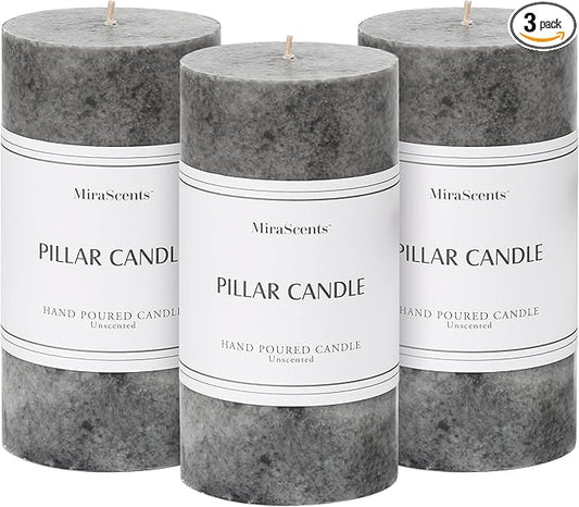 3x6 inch Grey Pillar Candles Set of 3, Unscented Pillar Candle, Dripless and Smokeless Large Candles, Candle for Home Decor, Dinner Table,Weddings, Holidays