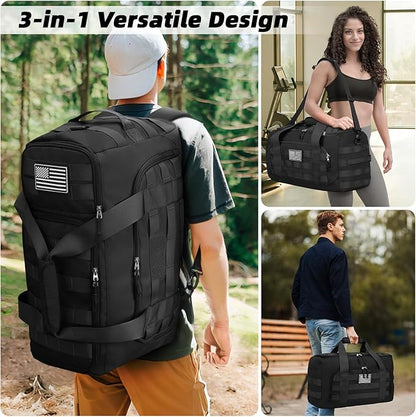 ZOMFELT Tactical Gym Bags for Men, 52L Travel Duffle Bag with Removable Dividers & Innovative Shoe Compartment, 3-in-1 Waterproof MOLLE Gym Duffel Backpack, Airplane Carry-On Approved, Black