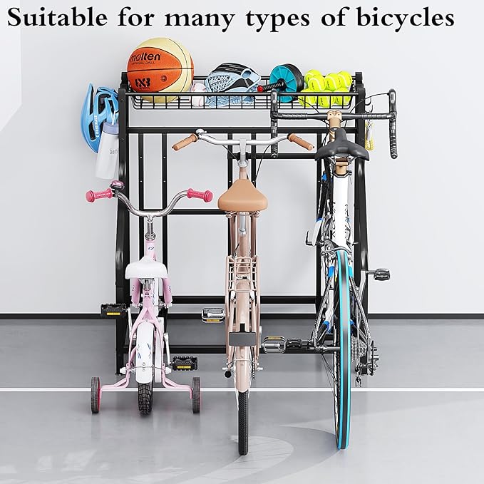 Bike Rack Storage Stand Organizer Floor Holds 3 Bicycle Parking Freestanding Adjustable Garage Indoor Outdoor Bike and Sports Storage Station, Black (3 Bike Stand)