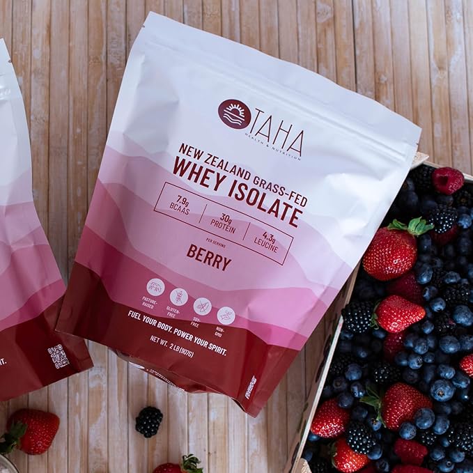 Taha Health & Nutrition Berry Whey Protein Isolate Powder, 30g Protein, 7.9g BCAAs, 4.3g Leucine | New Zealand Free-Range, Grass-Fed Dairy | Gluten-Free, Keto, Kosher | 2LB,24 Servings