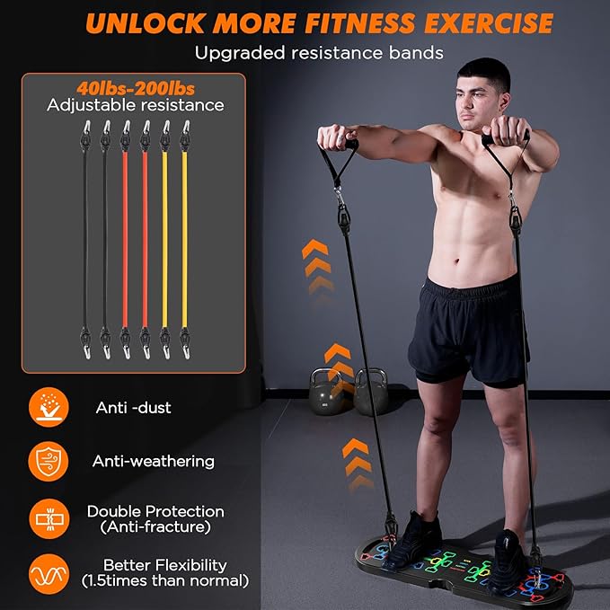Portable Home Gym Workout Equipment, Push Up Board, Pilates Bar & Fitness Accessories with Resistance Bands for Upper Body Strength Training Full Body Workout at Home