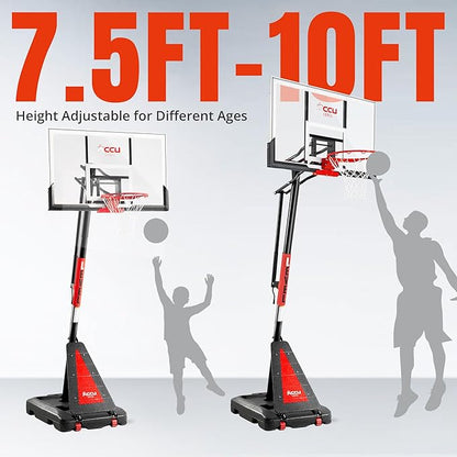 Crank Lift Basketball Hoop Outdoor 7.5-10ft Adjustable Portable Basketball Goal for Youth and Adults 44 Patented Angle Adjustable PC Backboard and Large Fillable Base