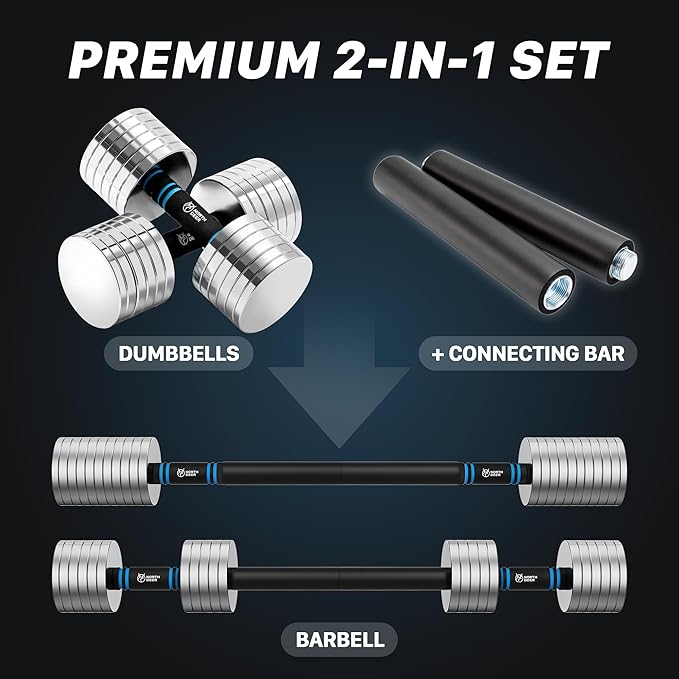 Northdeer V2.0 Upgraded Adjustable Steel Dumbbells 40LB / 60LB - 2 in 1 Dumbbell Barbell Set for Home Gym Workout - Compatible with V1.0 Dumbbells