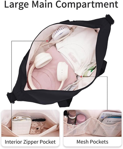 sportsnew Gym Travel Bag for Women, Large Travel Duffel with Shoe Compartment and Wet Pocket, Water Resistant Weekender Overnight Carry on Sports Tote Bags, Black, patent pending