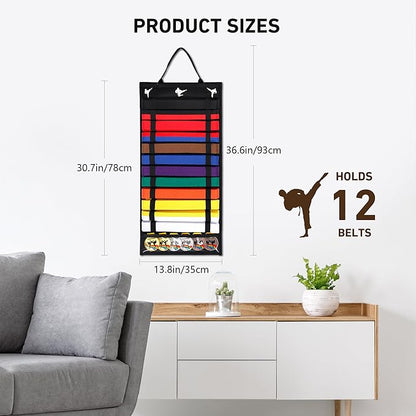 12 Belts Karate Belt Display Rack with PVC Medal Storage, Felt Taekwondo Belt Display Holder, Felt Martial Arts Belt Rack Present for Martial Art Learner & Students (Stud Included)
