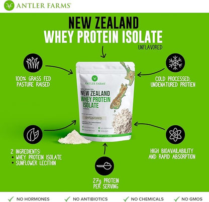 Antler Farms - 100% Grass Fed New Zealand Whey Protein Isolate, Unflavored, 2 lbs - Pure and Clean, 2 Ingredients, Delicious, Cold Processed