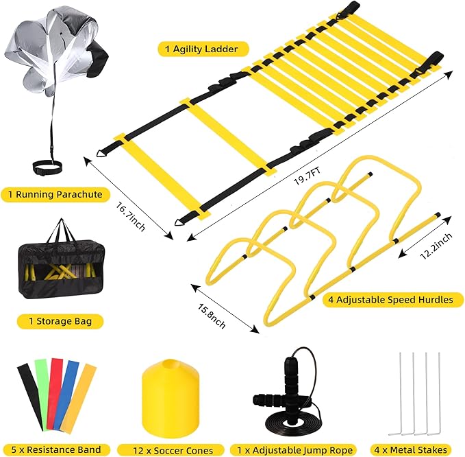 Agility Ladder, Agility Speed Training Set, 20ft 12 Rung Agility Ladder, 4 Agility Hurdles, 5 Resistance Bands, 12 Resistance Cones, Running Parachute, Jump Rope for Athletes, Adults