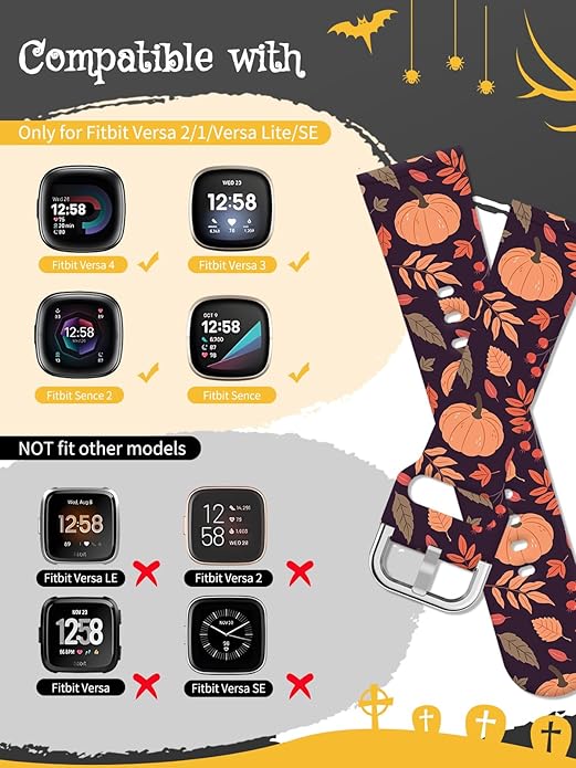 Watbro Halloween Holiday Band Compatible with Fitbit Versa 3 / Sense/Fitbit Versa 4 / Sense 2 Bands for Women Men,Soft Silicone Cute Sport Pumpkin Strap