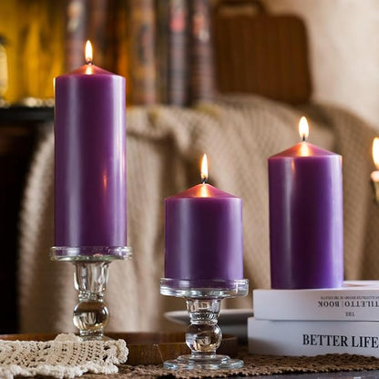 MOZEAL 3" x 6" Hand-Poured Unscented Purple Pillar Candles,Dripless Candles Set of 3,Long Lasting Burning,Approx 100 Hours Burn Time for Wedding,Dinner,Christmas and Home Decor