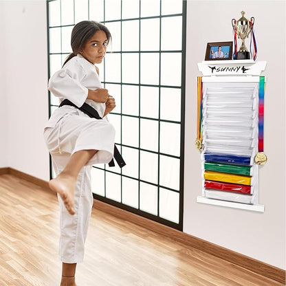 Tilhumt 12/10 Belts Karate Belt Display Rack with Stickers, Taekwondo Belt Display with Trophy/Photo Rack, Felt Dustproof Design, Easy to Put in Belt, Martial Arts Belt Display for Adults