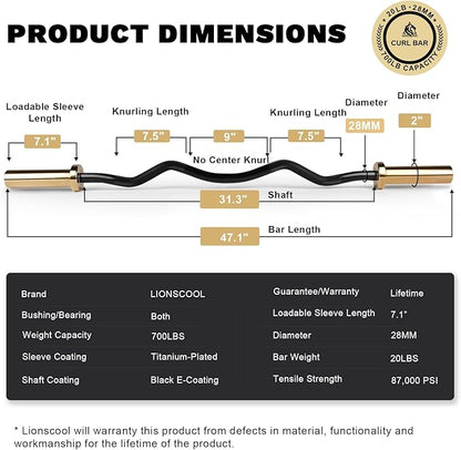 LIONSCOOL Premium 4ft/4.9ft/6ft Barbell for Strength Training and Olympic Weightlifting, 2 Inch Bar for Squats, Curls, Deadlifts, Presses, Hip Thrusts, 350lbs/500lbs/700lbs Weight Capacity