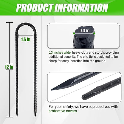 Anothera 16 Pack Heavy Duty Trampoline Stakes, 12 Inches Trampoline Anchors High Wind, Heavy Duty U Shaped Rebar Stakes for Trampoline, Tents, Inflatables, Fences, Outdoor Decoration