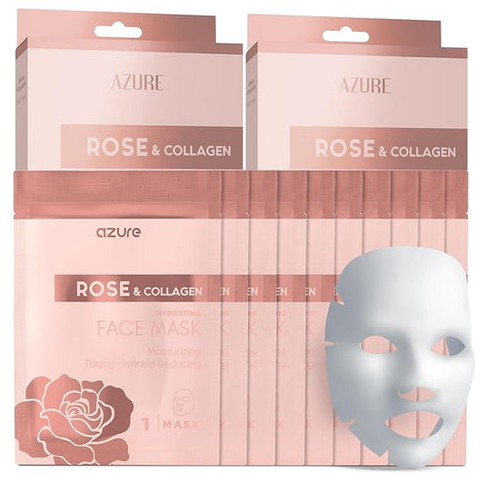 AZURE Rose & Collagen Hydrating Facial Sheet Mask - Toning, Lifting & Deeply Moisturizing - Reduces