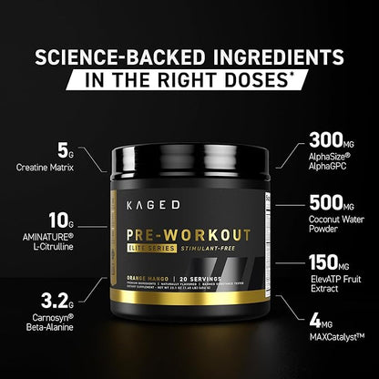 Kaged Pre Workout Elite Stim Free Powder | Cherry Limeade | Pre-Workout with Creatine, Beta Alanine, L-Citrulline, BCAAs | Caffeine Free | Pre Supplements for Men & Women | 20 Servings