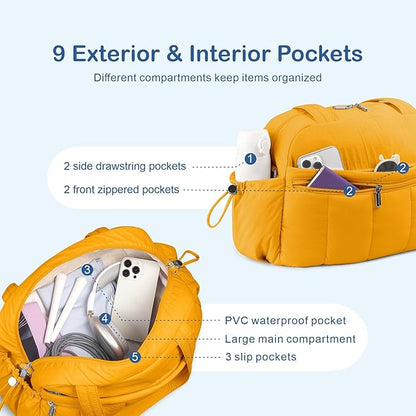TOPDesign Travel Duffel Bag for Women, Puffer Gym Bag Sports Tote with Wet Pocket, Carry On Weekender with Luggage Sleeve (Golden Yellow)