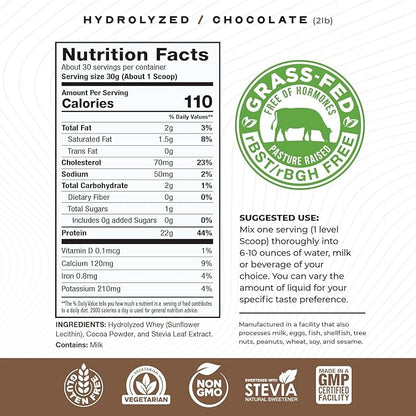Muscle Feast Hydrolyzed Whey Protein Powder, Grass Fed and All Natural Hormone-Free, Hydro Whey Powder for Men and Women, Gluten Free, Non-GMO, Delicious Hydrolyzed Protein Powder, Chocolate, 2lb