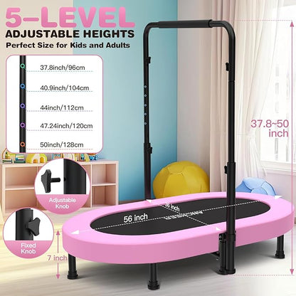ANCHEER 56'' Foldable Mini Trampoline with Adjustable Handle - Indoor/Outdoor Rebounder for Kids & Toddlers Safe Oval Fitness Trampoline with Bar for Home Fun