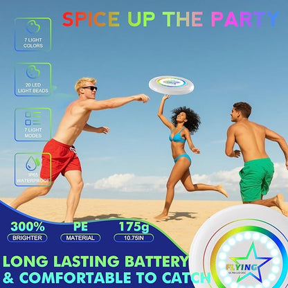 Pro LED Flying Sport Disc Toy for Kids Adults, 7 Dynamic Modes Glow in The Dark Fiying Ring, 175 Gram, Light Up Flashing, Sand Beach Toy for Lawn, Outdoor, Park, Yard, Camping, Toss and Catch Game