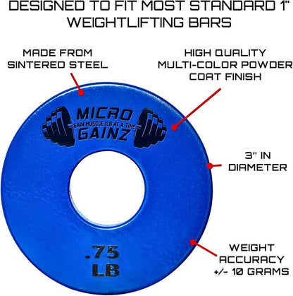 Micro Gainz Standard 1-Inch Center Hole Fractional 2 Pcs Color Weight Plates, Choose (.25LB-1LB) Designed for Standard 1-Inch Dumbbell & Barbell for Strength Training, Made in USA